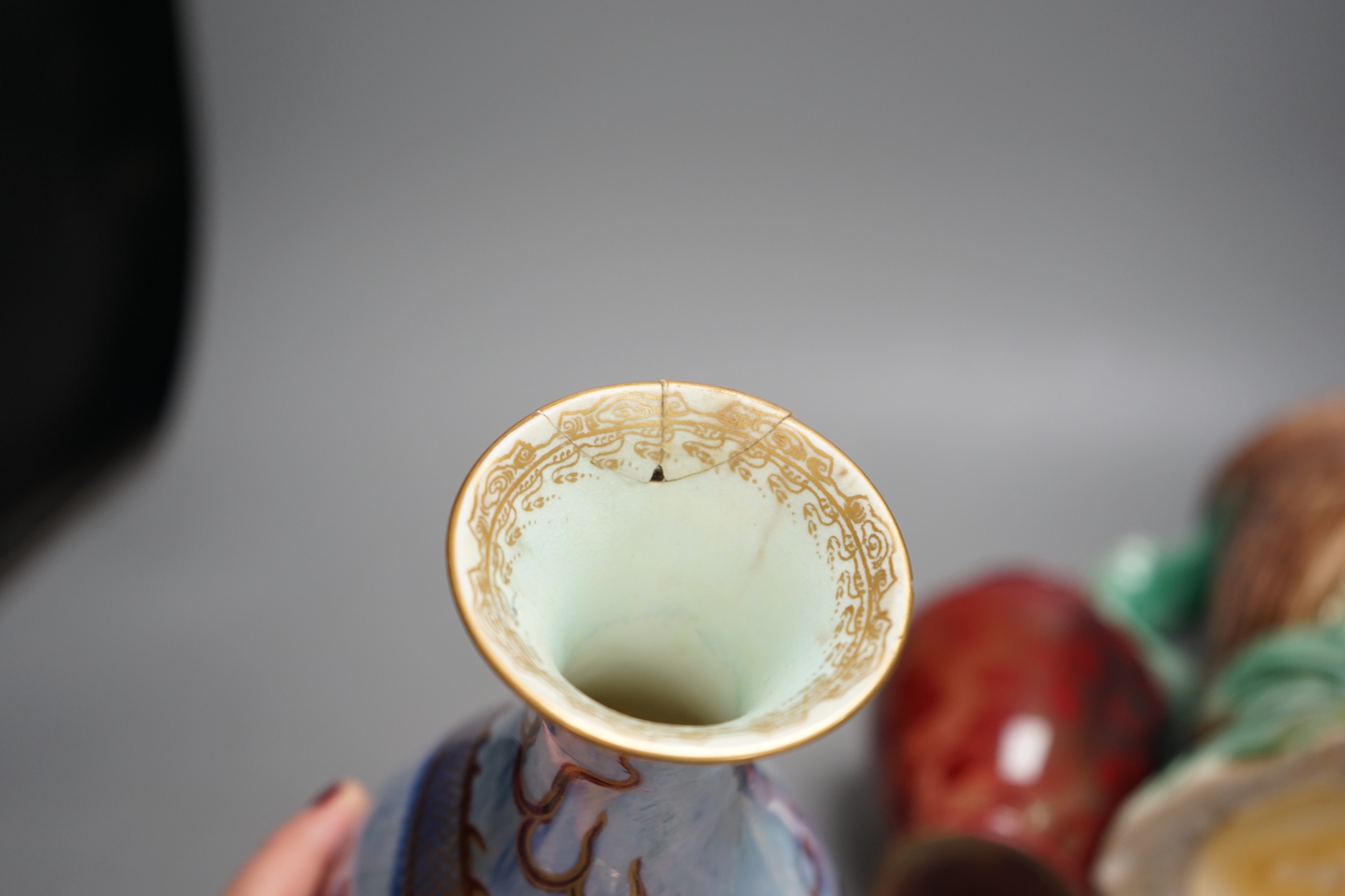 A majolica owl jug, a Wedgwood lustre vase and a Bernard Moore vase (all a.f.)